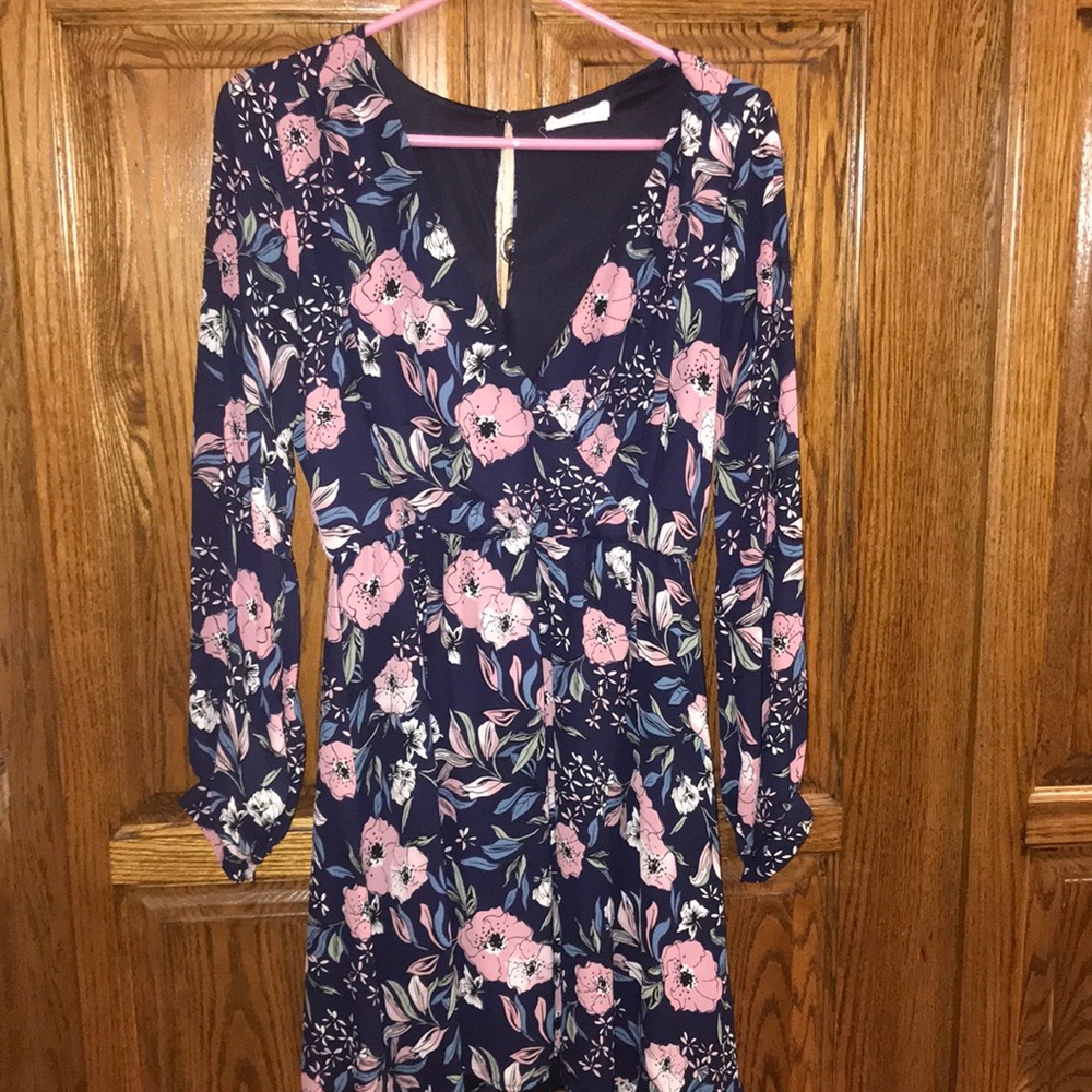 Long sleeve navy blue floral dress